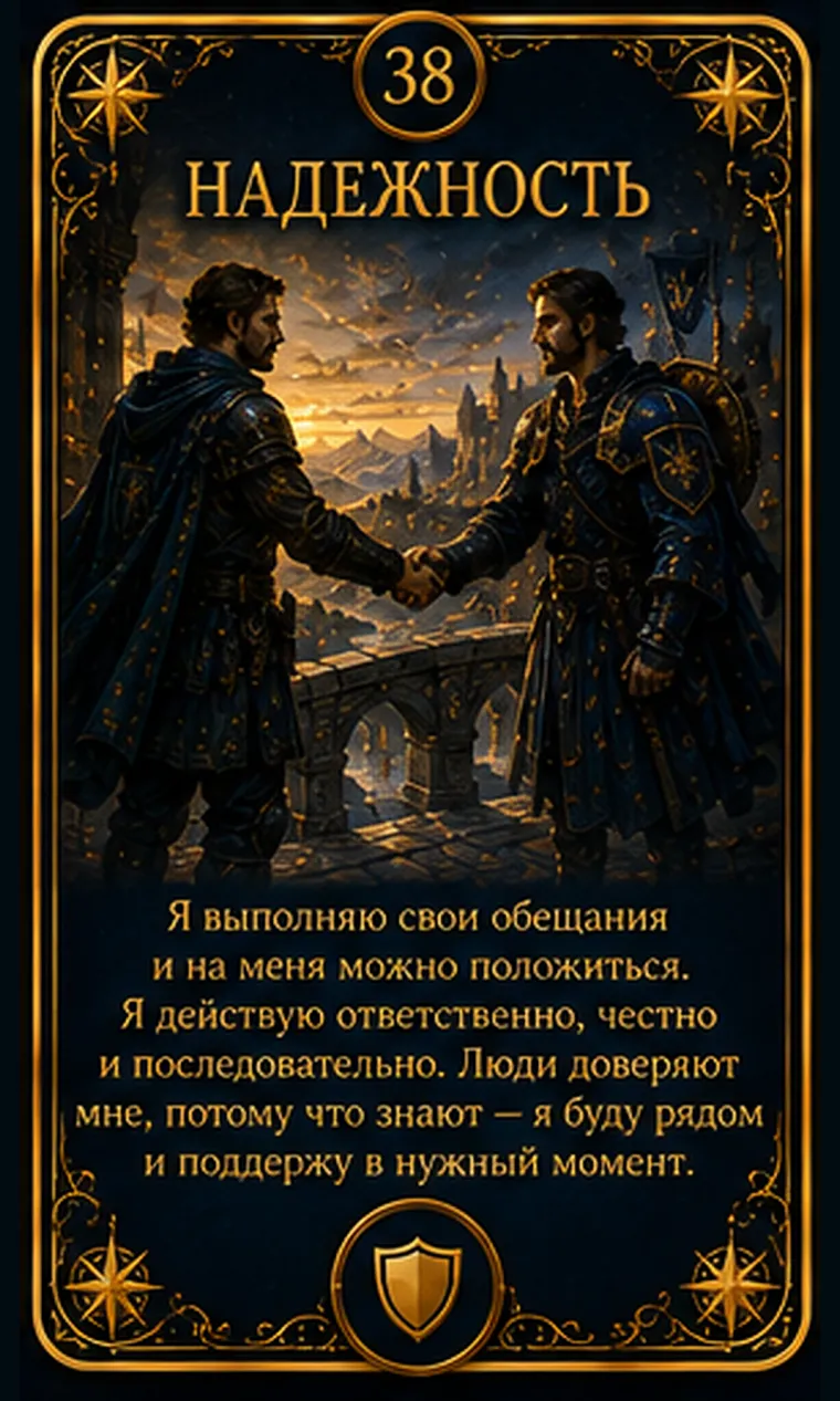 Карта ценности «Надежность»: мостовая опора выдерживает вес и дает другим безопасно пройти; пиктограмма кластера «Безопасность и порядок»